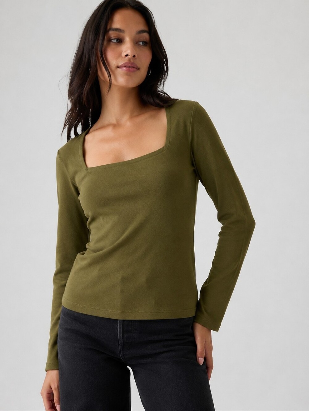 H&M Olive Green Square Neck Long Sleeve Top – Size Large